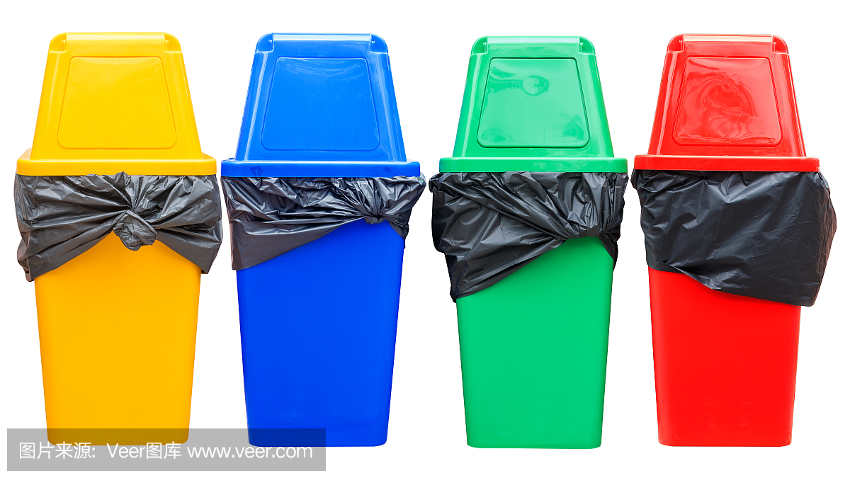 黃色,藍色,綠色和紅色的回收站在白色。